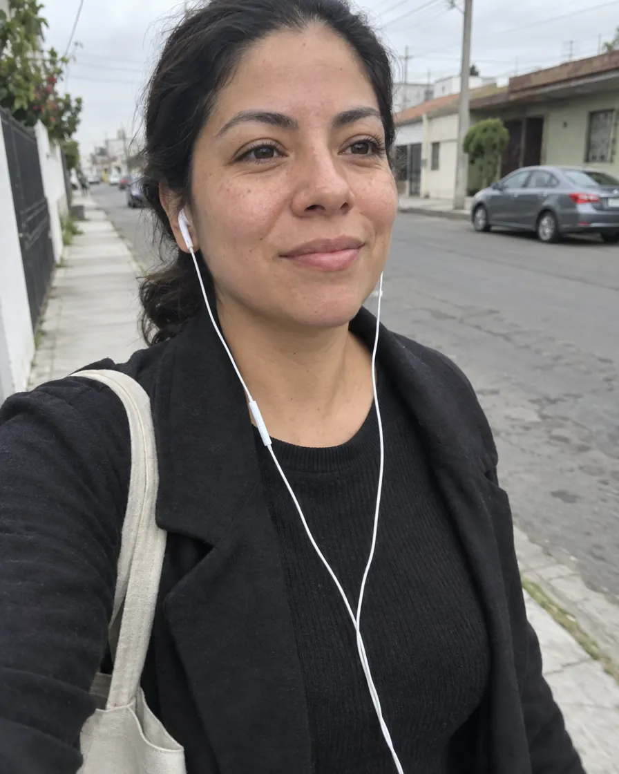 Mujer caminando por su calle con audífonos y una sonrisa tranquila