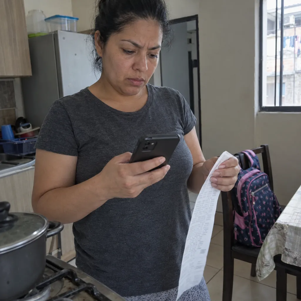 Madre en la cocina revisando un recibo largo y su celular, con la mochila de su hijo en una silla