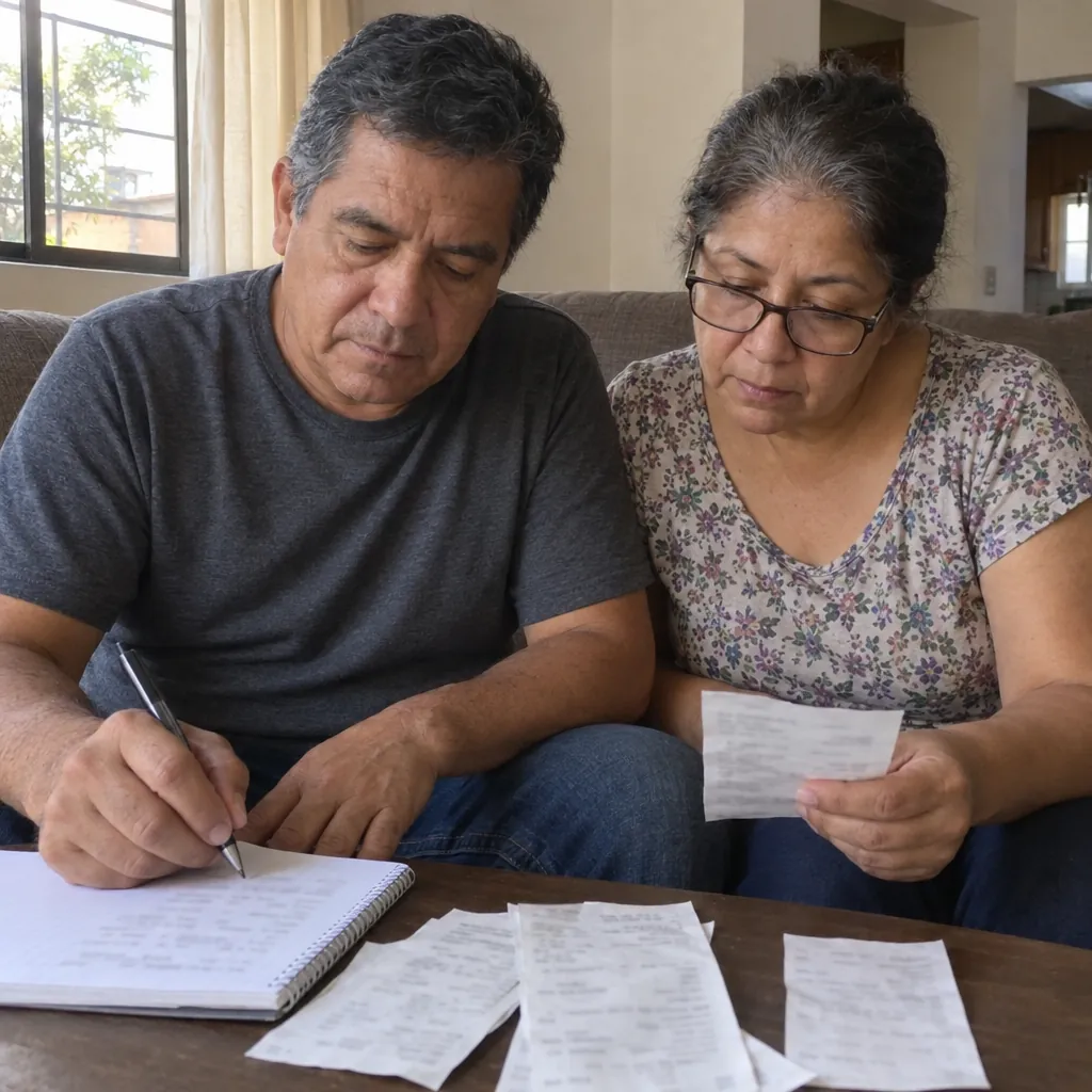 Pareja en el sofá revisando juntos recibos y apuntando en un cuaderno