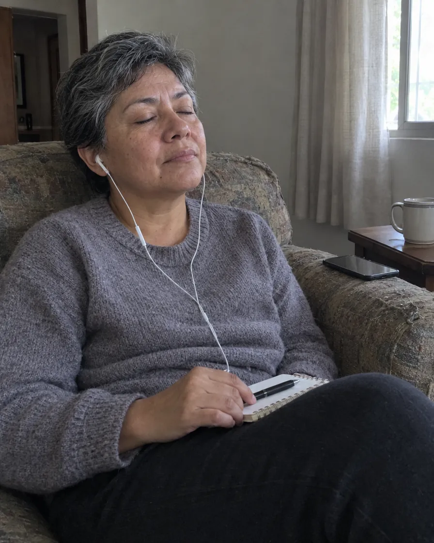 Mujer escuchando su audio con los ojos cerrados en el sofá, con una libreta en la rodilla