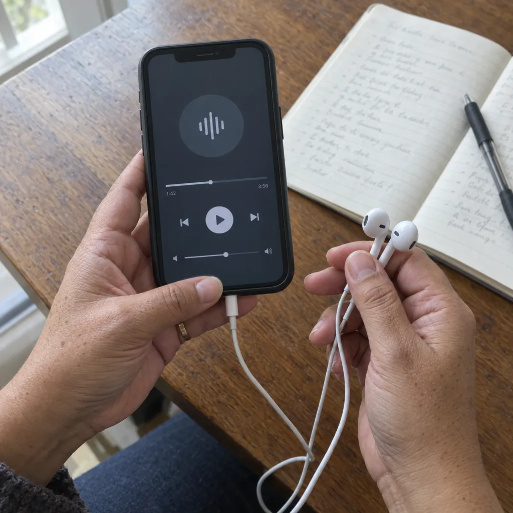Manos sosteniendo un celular con un audio en pantalla y unos audífonos, junto a una libreta
